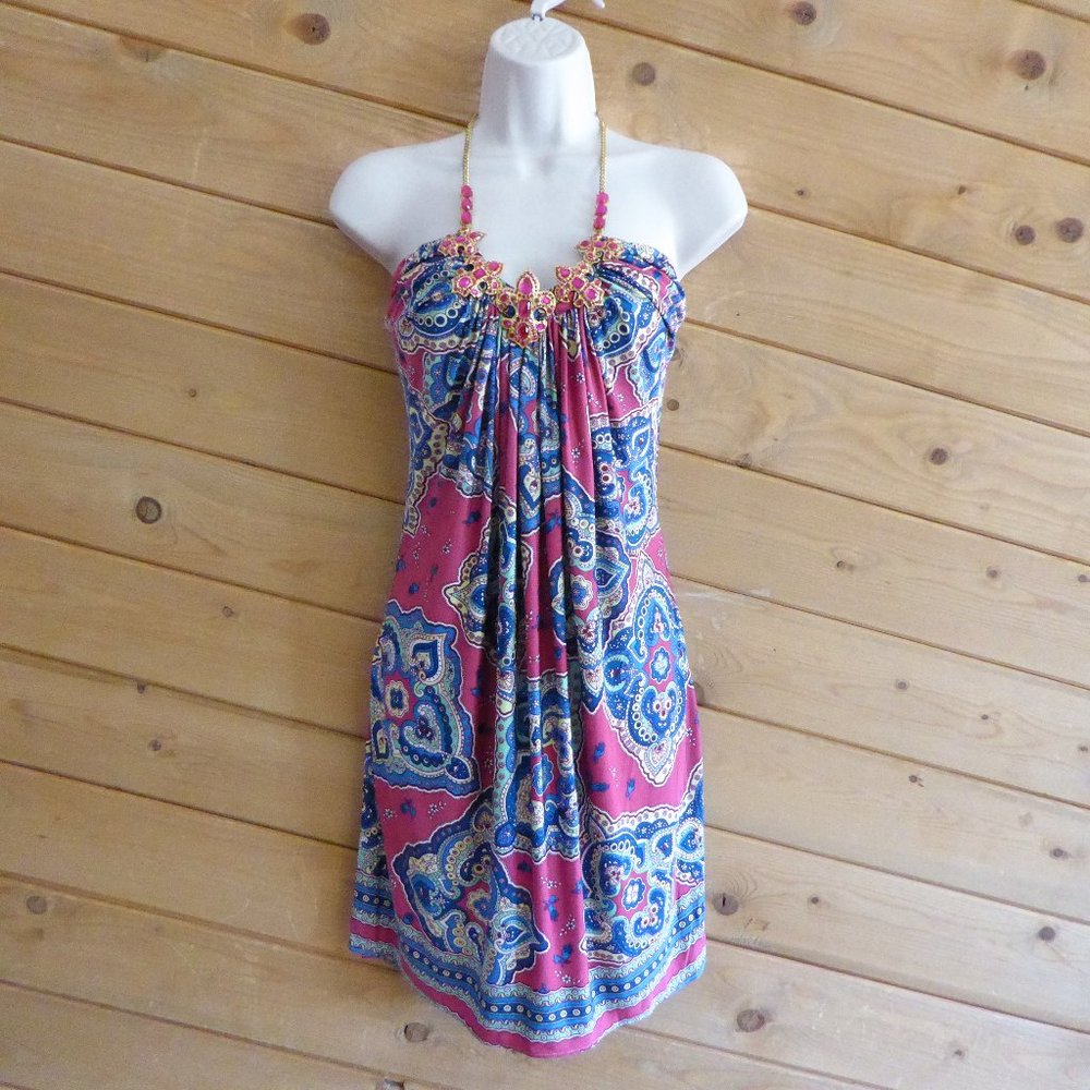 SKY Pink Blue Gold Silk Embellished Chain Halter Mini Dress Geometric M